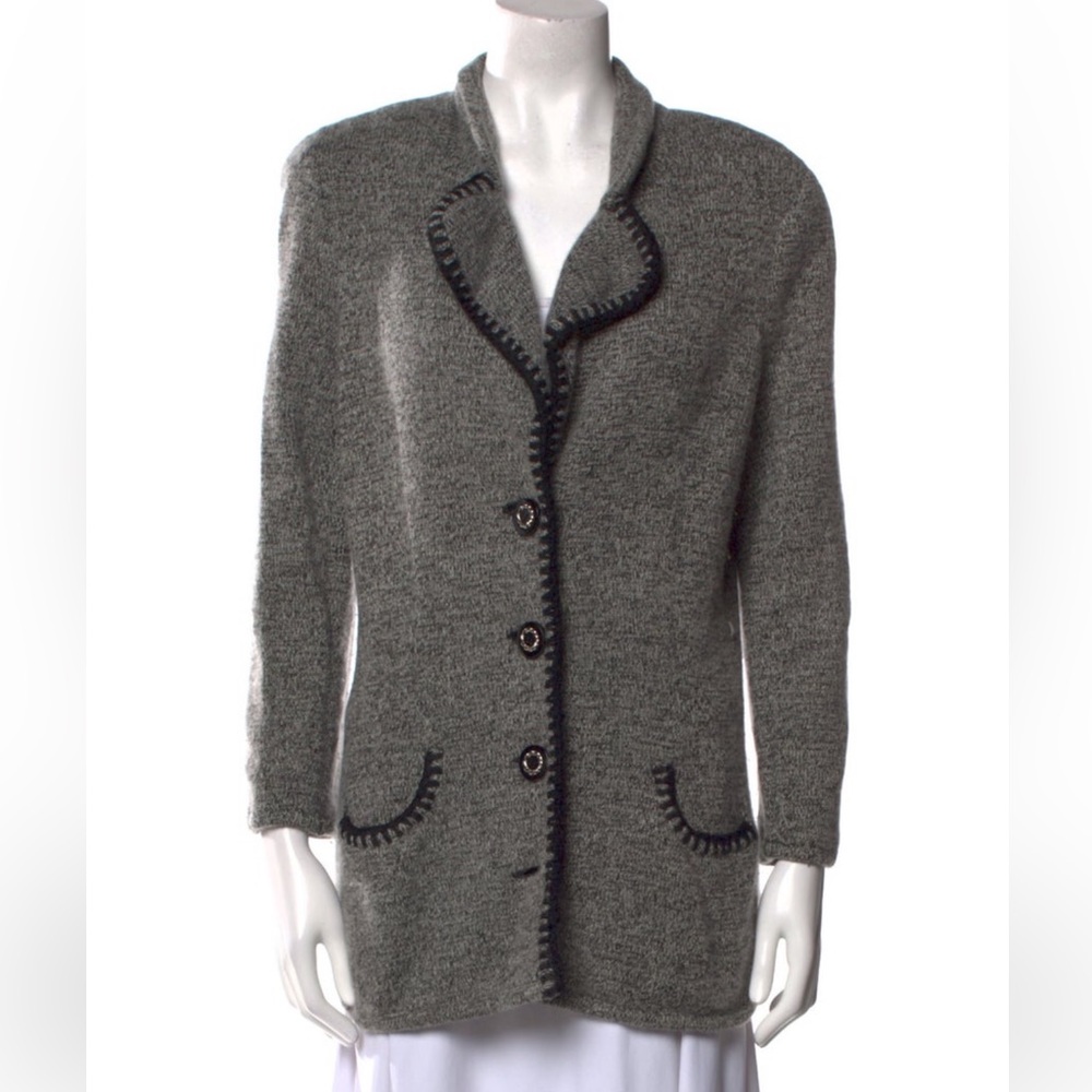 Vintage Valentino Cashmere Cardigan, button down, gray, embroidered 80s